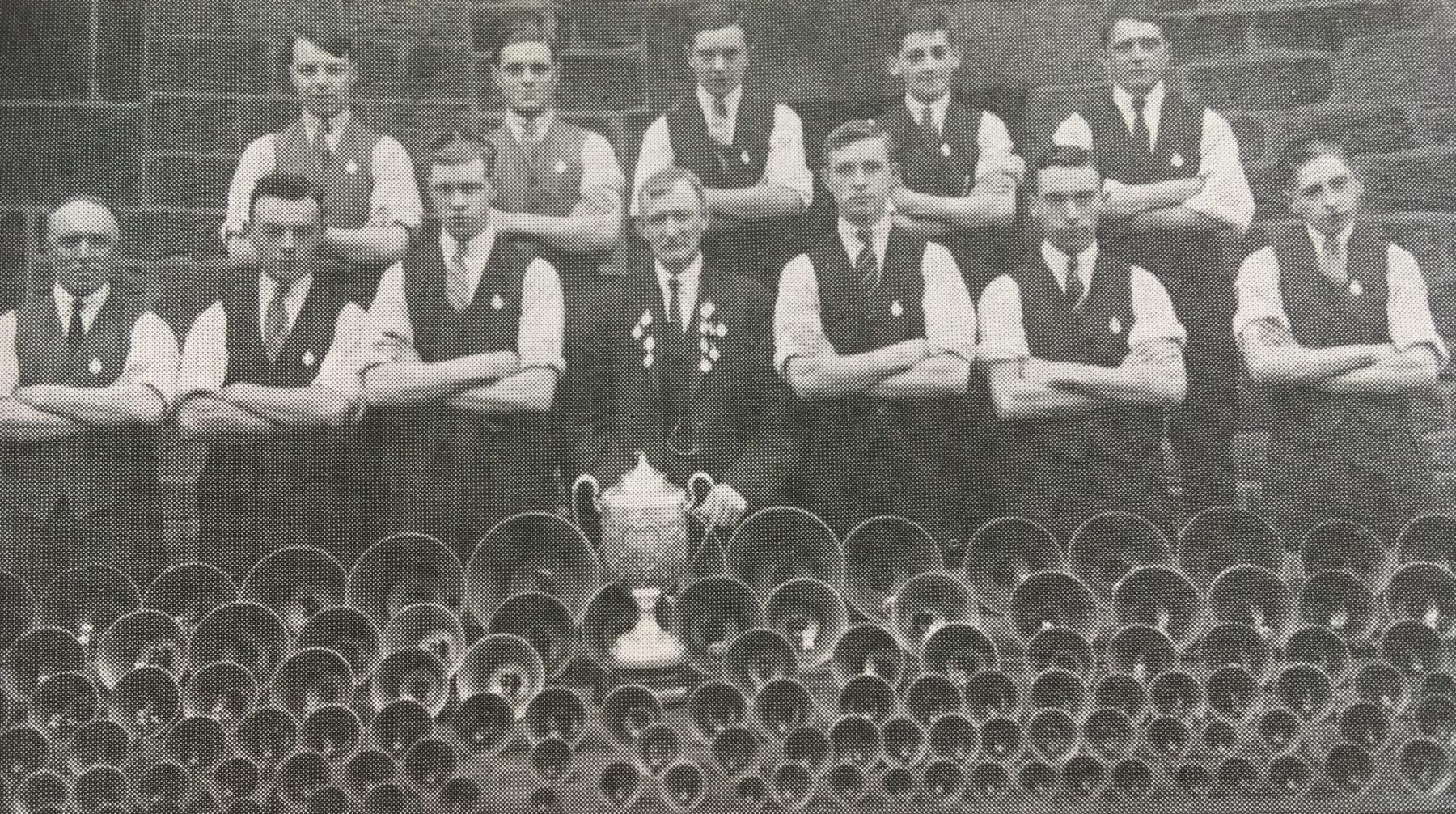 Winners of the English Championships in 1930. Back row- L. Sykes, C. Mitchell, N. Crossland, M. Walshaw, E. Wood. Front row- T. Sykes, M. Beard, R. Lees, F. Taylor, C. Latimer, H. Beard and J. Beever.